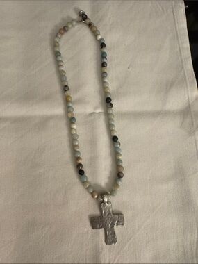 Multicolor Beaded Necklace with Silver Cross Pendant